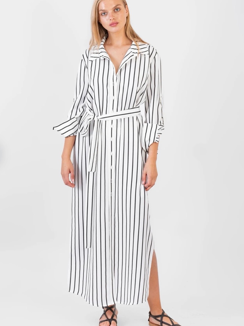 KOCH Algers Striped White and Black Button-Down Maxi Shirt Dress